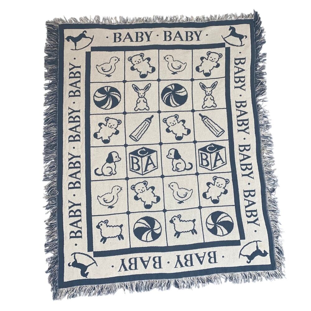 Vintage Baby Throw Blanket Afghan Alphabet Block TeddyBear Duck Animal Fringe